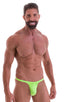 T Back Thong Swimsuit - Bravura Pouch in ThinSKINZ Neon Lime, Front View; T Back Thong Swimsuit - Bravura Pouch in ThinSKINZ Neon Lime, Rear View; T Back Thong 