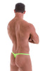 T Back Thong Swimsuit - Bravura Pouch in ThinSKINZ Neon Lime, Front View; T Back Thong Swimsuit - Bravura Pouch in ThinSKINZ Neon Lime, Rear View; T Back Thong 
