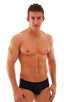 Pouch Enhanced Micro Square Cut Swim Trunks in Black, Front View; Pouch Enhanced Micro Square Cut Swim Trunks in Black, Rear View; Pouch Enhanced Micro Square C