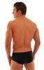 Pouch Enhanced Micro Square Cut Swim Trunks in Black, Front View; Pouch Enhanced Micro Square Cut Swim Trunks in Black, Rear View; Pouch Enhanced Micro Square C