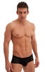 Pouch Enhanced Micro Square Cut Swim Trunks in Black and Semi Sheer Black Peep Show 1; Pouch Enhanced Micro Square Cut Swim Trunks in Black and Semi Sheer Black