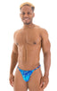 mens smooth pouch string side t back thong sexy swimsuit bikini in New World Blue; Smooth Pouch Skinny Sides Swim Thong in New World Blue, Rear View; Smooth Pou