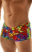 2022 best seller mens swimwear extreme low tan through boxer swimsuit in technicolor print; Extreme Low Square Cut Swim Trunks in Tan Through Technicolor, Rear 