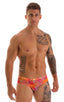 Pouch Brief Swimsuit in Tan Through Orange Jungle, Front View; Pouch Brief Swimsuit in Tan Through Orange Jungle, Rear View; Pouch Brief Swimsuit in Tan Through