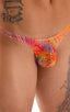Stuffit Pouch Bikini Swimsuit in Tan Through Orange Jungle, Front View; Stuffit Pouch Bikini Swimsuit in Tan Through Orange Jungle, Rear View; Stuffit Pouch Bik