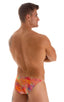 Stuffit Pouch Bikini Swimsuit in Tan Through Orange Jungle, Front View; Stuffit Pouch Bikini Swimsuit in Tan Through Orange Jungle, Rear View; Stuffit Pouch Bik
