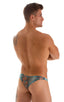 Tanga Cheekini Bikini in Wet Look Red and  Red Satin Stripe Mesh, Front View; Tanga Cheekini Bikini in Super ThinSKINZ Aqua Python & Aqua Python Mesh, Rear View