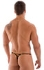 Stuffit Pouch Thong Back Swimsuit in Tiger Print on Mesh, Front View; Stuffit Pouch Thong Back Swimsuit in Tiger Print on Mesh, Rear View; Special Order Notice;