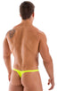 Stuffit Pouch Thong Back Swimsuit in ThinSKINZ Chartreuse, Front View; Stuffit Pouch Thong Back Swimsuit in ThinSKINZ Chartreuse, Rear View; Special Order Notic
