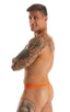 mens micro thong swimsuit  tanga skinz t back bathing suit in Blazing Orange; Mens Thong Swimsuit - Bravura Pouch in Blazing Orange 2; Mens Thong Swimsuit - Bra