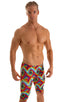 Lycra Bike Length Shorts in Classic Tie Dye, Front View; Lycra Bike Length Shorts in Classic Tie Dye, Rear View; Lycra Bike Length Shorts in Classic Tie Dye, Fr
