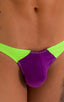 Color Blocked T Back Thong Swimsuit in ThinSkinz Grape and Neon Lime, Front View; Color Blocked T Back Thong Swimsuit in ThinSkinz Grape and Neon Lime, Rear Vie