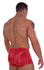 Fitted Pouch - Square Cut - Watersports Swim Trunks in Wet Look Red, Front View; Fitted Pouch - Square Cut - Watersports Swim Trunks in Wet Look Red, Rear View;