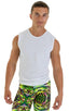 Sleeveless Lycra Muscle Tee in Gloss White Mesh PowerNet, Front View; Sleeveless Lycra Muscle Tee in Gloss White Mesh PowerNet, Rear View; Sleeveless Lycra Musc