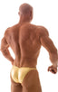 mens posing suit with fitted pouch and fitted puckered butt bodybuilder bikini in metallic gold; Fitted Pouch - Puckered Back - Posing Suit in Metallic Liquid G