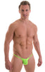 mens micro bikini swimsuit with tiny puckered butt in sheer neon lime; Micro Pouch - Puckered RIO Back in ThinSKINZ Neon Lime, Rear View; Micro Pouch - Puckered