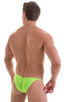 mens micro bikini swimsuit with tiny puckered butt in sheer neon lime; Micro Pouch - Puckered RIO Back in ThinSKINZ Neon Lime, Rear View; Micro Pouch - Puckered