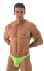 T Back Thong Swimsuit in ThinSkinz Neon Lime, Front View; T Back Thong Swimsuit in ThinSkinz Neon Lime, Rear View; Special Order Notice; T Back Thong Swimsuit i