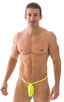 Micro Teardrop G String Swim Suit in ThinSKINZ Chartreuse, Front View; Micro Teardrop G String Swim Suit in ThinSKINZ Chartreuse, Rear View; Micro Teardrop G St