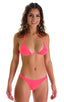 Brazilian Triangle Swim Top in Semi Sheer ThinSKINZ Neon Coral, Front View; Brazilian Triangle Swim Top in Semi Sheer ThinSKINZ Neon Coral, Rear View; Brazilian