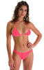 Brazilian Triangle Swim Top in Semi Sheer ThinSKINZ Neon Coral, Front View; Brazilian Triangle Swim Top in Semi Sheer ThinSKINZ Neon Coral, Rear View; Brazilian