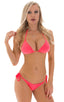 Brazilian Triangle Swim Top in Semi Sheer ThinSKINZ Neon Coral, Front View; Brazilian Triangle Swim Top in Semi Sheer ThinSKINZ Neon Coral, Rear View; Brazilian