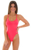 One Piece Swimsuit  Criss Cross Rio in ThinSKINZ Neon Coral, Rear View; One Piece Swimsuit  Criss Cross Rio in ThinSKINZ Neon Coral, Front View; One Piece Swims