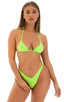 High Cut - Half Back - Scrunchie Bottom in ThinSKINZ Lime, Front View; High Cut - Half Back - Scrunchie Bottom in ThinSKINZ Lime, Rear View; High Cut - Half Bac