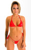 Brazilian Triangle Swim Top in Wet Look Red, Front View; Brazilian Triangle Swim Top in Wet Look Red, Rear View; Brazilian Triangle Swim Top in Wet Look Red, Fr