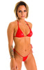 Brazilian Triangle Swim Top in Wet Look Red, Front View; Brazilian Triangle Swim Top in Wet Look Red, Rear View; Brazilian Triangle Swim Top in Wet Look Red, Fr