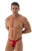 Swimsuit Thong with Pouch Enhancement in Metallic Volcano Red, Front View; Swimsuit Thong with Pouch Enhancement in Metallic Volcano Red, Rear View; Swimsuit Th