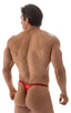 Swimsuit Thong with Pouch Enhancement in Metallic Volcano Red, Front View; Swimsuit Thong with Pouch Enhancement in Metallic Volcano Red, Rear View; Swimsuit Th
