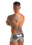 mens swimwear micro square cut swimsuit trunks by skinz swimwear in; Micro Low Square Cut Swim Trunks in Metallic Silver, This image features a male model showcasing a pair of men's swim trunks. The trunks are designed with a micro low cut and a square cut style, providing a snug and sexy fit.