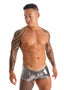 mens swimwear micro square cut swimsuit trunks by skinz swimwear in; Micro Low Square Cut Swim Trunks in Metallic Silver, This image features a male model showcasing a pair of men's swim trunks. The trunks are designed with a micro low cut and a square cut style, providing a snug and sexy fit.