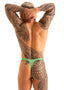 T Back Thong Swimsuit in emerald green metallic, Front View; T Back Thong Swimsuit, Front View; T Back Thong Swimsuit in green metallic, T Back Thong, Man wearing a green swimsuit with tribal arm designs on a white background