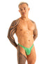 T Back Thong Swimsuit in emerald green metallic, Front View; T Back Thong Swimsuit, Front View; T Back Thong Swimsuit in green metallic, T Back Thong, Man wearing a green swimsuit with tribal arm designs on a white background