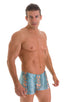 Square Cut Seamless Swim Trunks in Super ThinSKINZ Aqua Snakeskin 1; Square Cut Seamless Swim Trunks in Super ThinSKINZ Aqua Snakeskin, Rear View; Square Cut Se