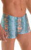 Square Cut Seamless Swim Trunks in Super ThinSKINZ Aqua Snakeskin 1; Square Cut Seamless Swim Trunks in Super ThinSKINZ Aqua Snakeskin, Rear View; Square Cut Se