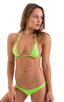 Micro Booty Thong Bikini in ThinSkinz Neon Lime, Front View; Micro Booty Thong Bikini in ThinSkinz Neon Lime, Rear View; Micro Booty Thong Bikini in ThinSkinz N