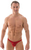 mens sexy bikini with fitted pouch and rear in  ThinSKINZ Lipstick Red, Front View; Fitted Pouch Puckered Back Bikini in ThinSKINZ Lipstick Red, Rear View; Spec