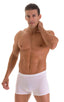 Square Cut Seamless Swim Trunks in Super ThinSKINZ White 1; Square Cut Seamless Swim Trunks in Super ThinSKINZ White, Rear View; Square Cut Seamless Swim Trunks