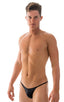 Super Low Brazilian Bikini in Wet Look Black, Front View; Super Low Brazilian Bikini in Wet Look Black, Rear View; Super Low Brazilian Bikini in Wet Look Black,