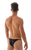 Super Low Brazilian Bikini in Wet Look Black, Front View; Super Low Brazilian Bikini in Wet Look Black, Rear View; Super Low Brazilian Bikini in Wet Look Black,