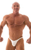 mens posing suit with fitted pouch and fitted puckered butt bodybuilder bikini in white; Fitted Pouch - Puckered Back - Posing Suit in Optic White, Rear View; F
