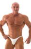mens posing suit with fitted pouch and fitted puckered butt bodybuilder bikini in white; Fitted Pouch - Puckered Back - Posing Suit in Optic White, Rear View; F