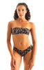 This image features a stylish women's bandeau bikini top in black with white stars print. The bandeau top is designed to be simple yet sexy, with a focus on highlighting the wearer's figure; Women's Cheeky Swim Shorts stars. The swim shorts are designed with a low, sexy front and wide, comfortable sides, adhering to the popular cheeky booty cut style.