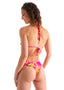 cheeky sexy bottom womens bikini; tahitian floral print; sexy good fitting triangle top womens swimsuit; This image features a vibrant, multicolored floral print Women's Cheeky Swim Shorts. The swim shorts are designed with a low, sexy front and wide, comfortable sides, adhering to the popular cheeky booty cut style.