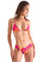 cheeky sexy bottom womens bikini; tahitian floral print; sexy good fitting triangle top womens swimsuit; This image features a vibrant, multicolored floral print Women's Cheeky Swim Shorts. The swim shorts are designed with a low, sexy front and wide, comfortable sides, adhering to the popular cheeky booty cut style.
