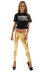 womens low cut designer leggings rock star fashion tights in Liquid Gold; Womens Super Low Rise Leggings in Liquid Gold, Rear View; Womens Super Low Rise Leggin