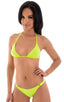 Womens Quick Release Low Rise Thong Swimsuit Bottom in Semi Sheer ThinSkinz Neon Chartreuse, Front View; Womens Quick Release Low Rise Thong Swimsuit Bottom in 
